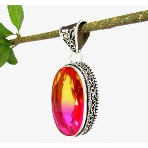 Large Oval BiColor Tourmaline Pendant Silver 925 Orange Pink Simulated Faux NEW